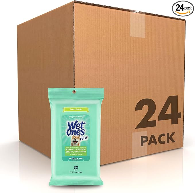 Wet Ones for Pets Extra Gentle Dog Wipes with Witch Hazel - Fragrance-Free, Hypoallergenic Pet Grooming Wipes for Snout, Eye, and Ear Areas, Sensitive Skin, 30 Count - 24 Pack