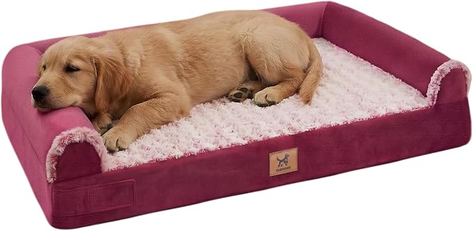 Orthopedic Dog Bed - Breathable Egg-Crate Foam Sofa Couch with Bolster, Water-Resistant Liner & Washable Rose Velvet - Ideal for Corgis, French Bulldogs, Rose Pink, L (35'' x 22'')