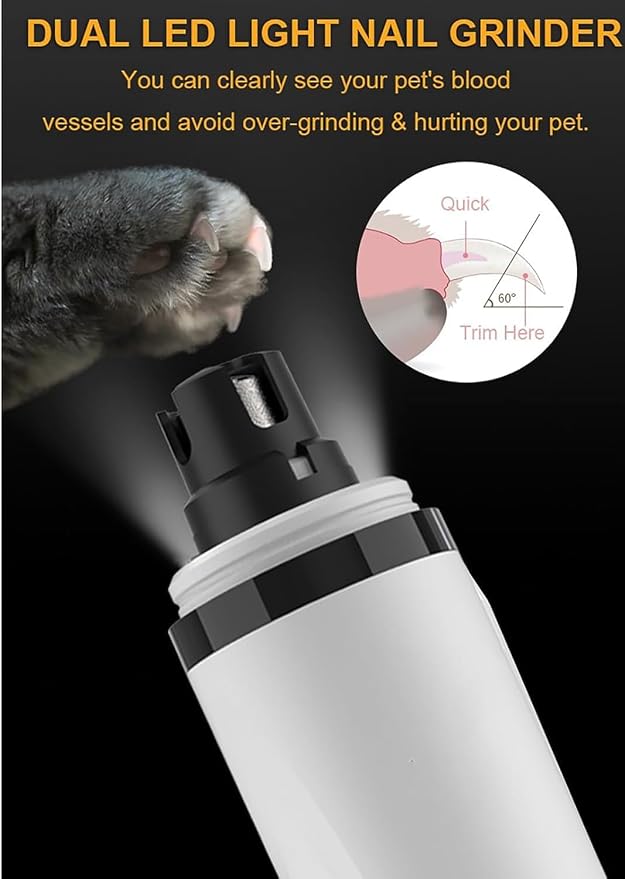 Nail Grinder, Upgraded Silent Dog Nail Grinder, Cordless Grooming Pro Nail Grinder with 3 Adjustable Speeds & Led Light Pet Nail Grinders for Dog Cat Home Use(1pc+2 Heads) 1