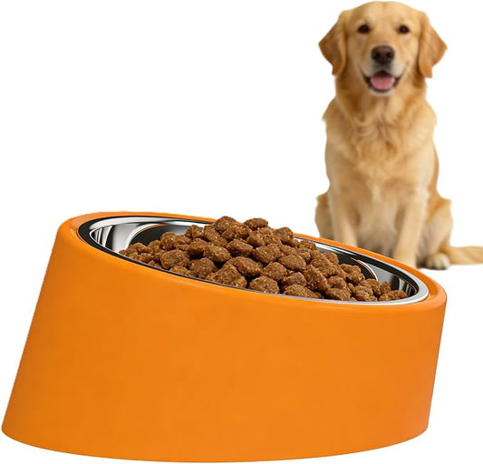15° Tilted Dog Bowl for Medium-Large Breeds – Slow Drinking Anti-Gulping Design, Heavy-Duty Angled Feeder, Non-Slip Base, Large 750ml Orange
