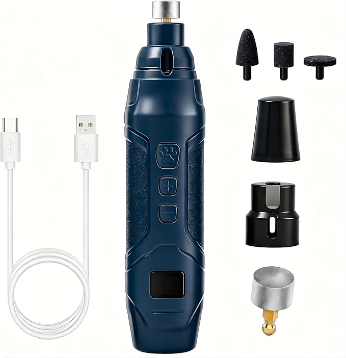 Dog & Cat Nail Grinder, Quiet 16-Speed USB-C Trimmer with 3 Heads | Below 45 dB,16 speeds, Dual LED lights, 3 ports, USB-C charging for cats and dogs