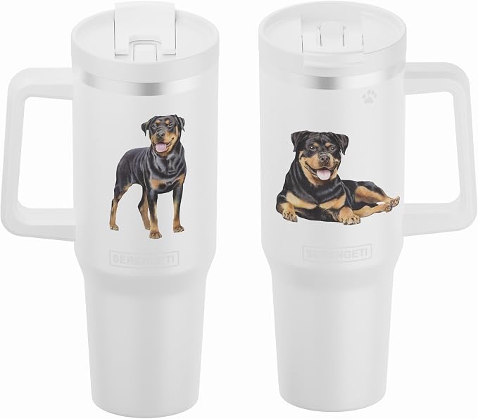 SERENGETI 40 Oz Ultimate Tumbler with Handle and Straw - Vacuum Insulated Tumbler with Straw and Lid - Stainless Steel Travel Mug for Pet Lovers - 3D Designs of your favorite Dog (Rottweiler)