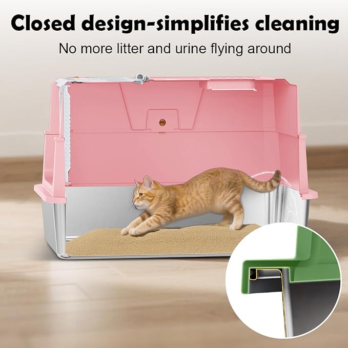 SZEE Stainless Steel Cat Litter Box with 180°Flip-Top Lid, Easy Clean XL Enclosed Litter Box, Large Covered Steel Cat Box with Scoop, Odor Control and Anti-Urine Leakage, 23.2 * 15 * 15 Inch, Pink