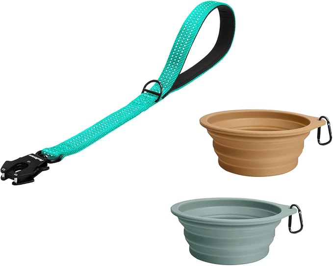 PetBonus Heavy Duty 18 Inch Short Dog Leash and 2-Pack Large Silicone Collapsible Dog Bowls