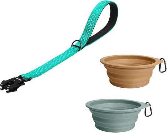 PetBonus Heavy Duty 18 Inch Short Dog Leash and 2-Pack Large Silicone Collapsible Dog Bowls