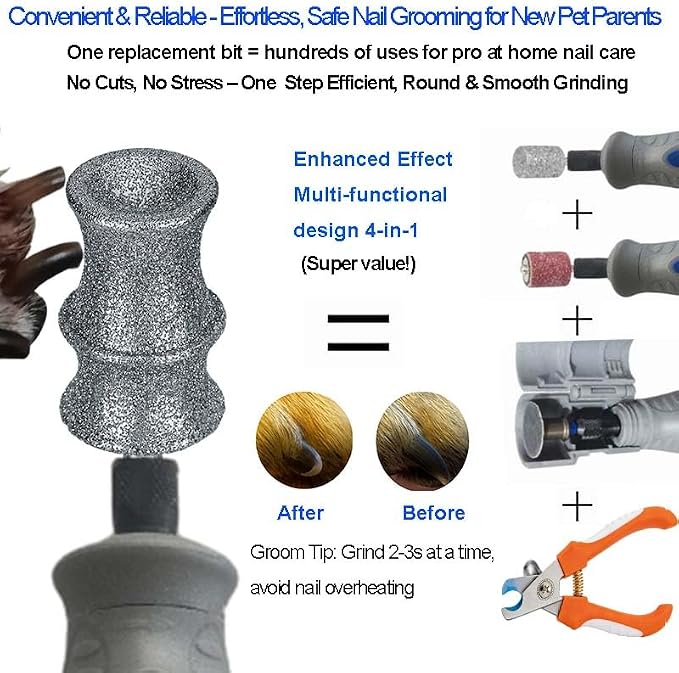 Diamond Dog Nail Grinder Bit Compatible with Dremel 7760 7350 & More, 1/8'' Stress-Free Replacement Head Attachment, Ideal for Medium, Large & Extra Large Dogs, Thick Nail Grooming, 2-Pack | 1/8" Diamond Bit, Safe Nail Trimming, Smooth for Thick Nails