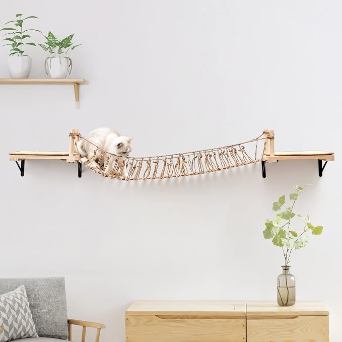 A.FATI Wall-Mounted Cat Roped Bridge Long for Indoor Cats, Cat Wall Shelves for Sleeping, Playing, Climbing, Wooden Cats Bed and Perches with Sisal Scratch Mat