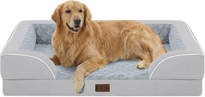 Orthopedic Dog Beds for Extra Large Sized Dogs 42x30 Inch, XL Waterproof Egg Crate Foam Dog Sofa Bed with Removable Washable Cover Big Pet Couch with Bolster & Non-Slip Bottom, Light Grey