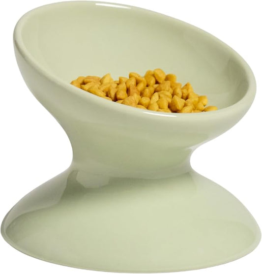 RAWRY Raised Ceramic Cat Bowl, Elevated Tilted Cat Bowl, Wide Shallow Cat Dish, Whisker Fatigue Cat Bowl, Dishwasher & Microwave Safe for Wet or Dry Food, Cats & Small Dogs, 12 oz (Seafoam)