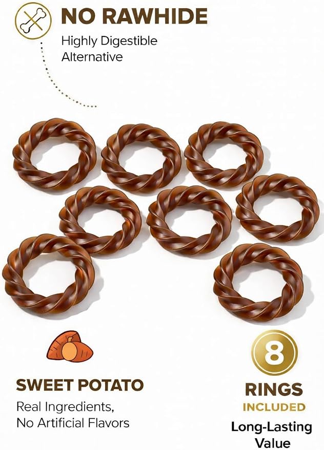 No Rawhide Puppy Teething Rings – Sweet Potato (8 Rings) Grain Free Rawhide Alternative Teething Treats for Puppies