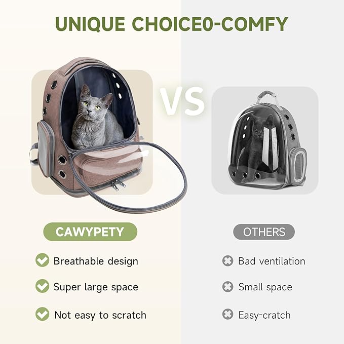 Cawypety Cat Backpack Carrier, Breathable Cat Carrier Large Space Bubble Pet Backpack for Kitty Small Dog up to 15lbs, Transparent & Foldable Pet Carrier for Travel Hiking