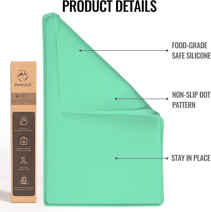 MateeyLife Dog & Cat Food Mat - Waterproof, Nonslip Dog Bowl Mats with Raised Edges, Silicone Matt Tray for Messy Drinkers, 22"x14", MintGreen