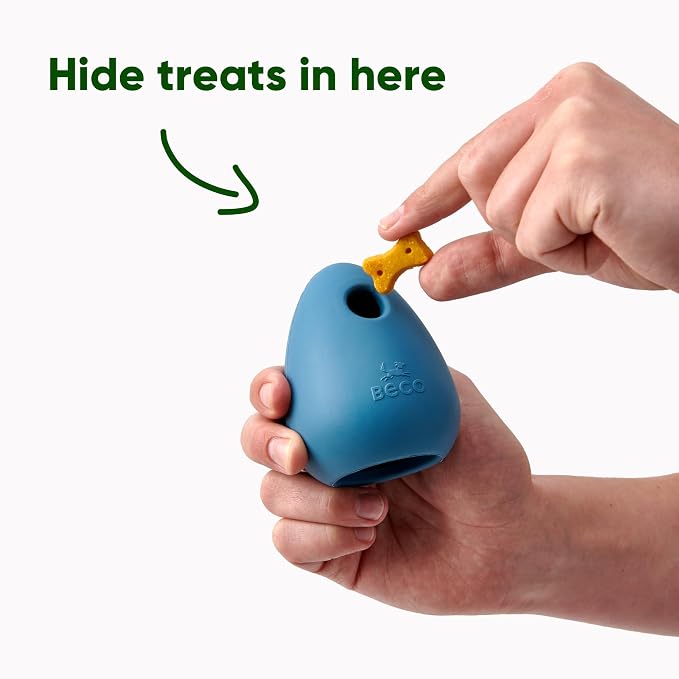 Beco Natural Rubber Bouncy, Chewy & Fillable Boredom Buster Dog Toy, Rolls & Wobbles Stuff with Multiple Fillable Holes, Blue