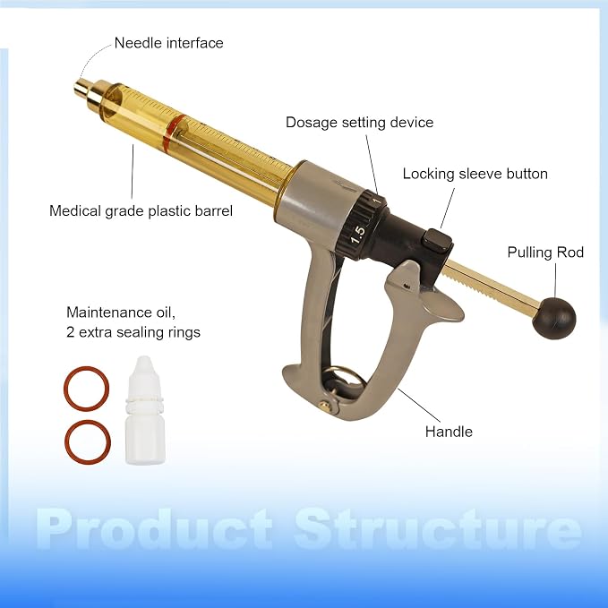25ML Semi Automatic Livestock Syringe, 5 Gears Adjustable Continuous Repeating Syringe for Farm Ranch Cattle Cow Horse Goat Sheep Hog
