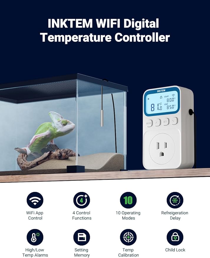 WiFi Plug in Thermostat Outlet, Temperature Controlled Outlet with Smart APP, Timer & Memory Digital Temp Controller -40~212℉, IP67 Waterproof Probe for Incubator Homebrew Reptile Space Heater | 16A