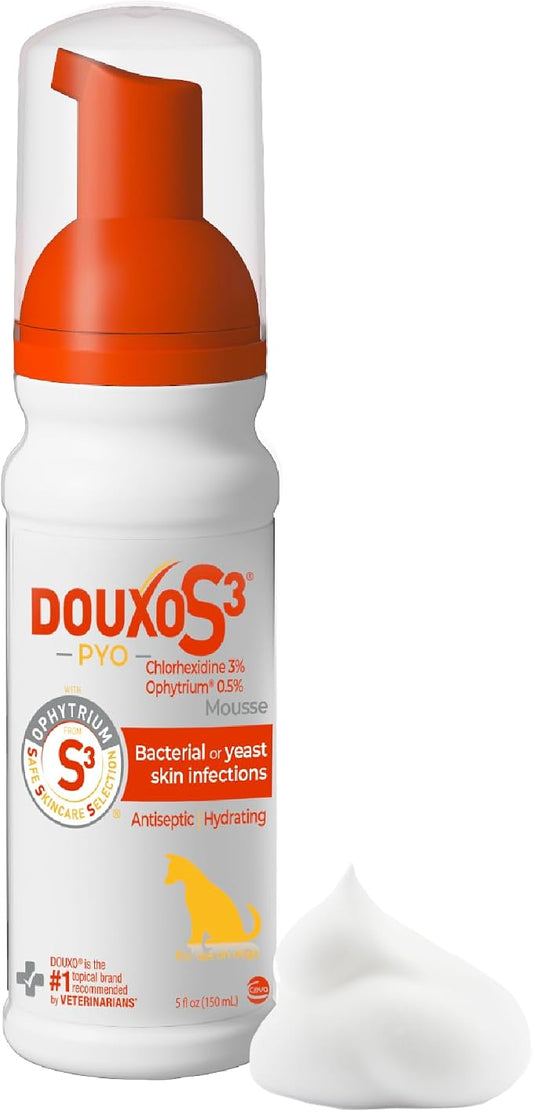 Douxo S3 PYO Medicated Dog Mousse; Bacterial & Yeast Infection Treatment for Dogs – Chlorhexidine Dog Waterless Shampoo, Antibacterial & Antiseptic, for Dogs Only, Clinically Proven, 5 fl oz