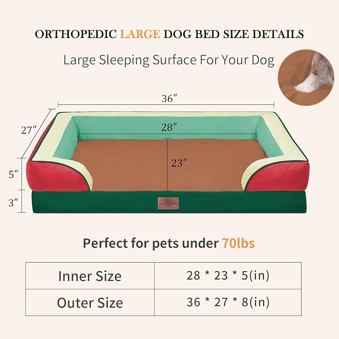 Comfort Expression Orthopedic Dog Bed for Large Dogs 36x27 Inch, Waterproof Egg Crate Foam Large Pet Bed with Bolsters, Dog Couch with Washable Cover & Non-Slip Bottom, Watermelon Mist