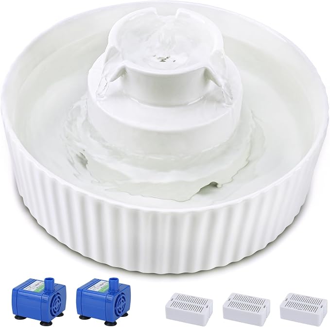 Lawfery Ceramic Cat Water Fountain, 2.1L/71oz Cat Fountain with 3 Carbon Filters and 2 Quiet Pumps, Cupcake Pet Water Dispenser for Cats and Dogs (White)