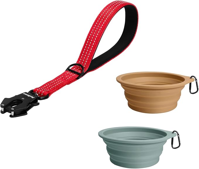 PetBonus Heavy Duty 12 Inch Short Dog Leash and 2-Pack Large Silicone Collapsible Dog Bowls