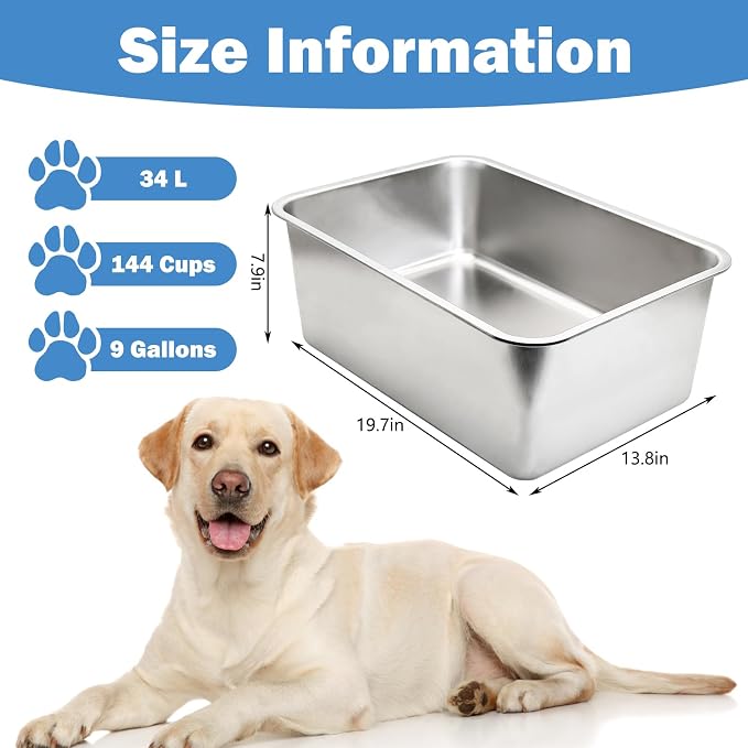 Fhiny 9 Gallon Stainless Steel Dog Water Bowl, Extra Large Capacity Dog Water and Food Bowl, Metal Pet Feeding Bowl for Indoor and Outdoor Use for Large Breed Pets（19.7 x 13.8 x 7.9 in）