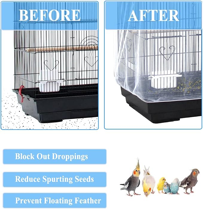 ASOCEA Extra Large Bird Cage Seed Catcher Guard with Pet Bird Parrot Colorful Cotton Rope Universal Birdcage Cover Nylon Mesh Net for Parrot Parakeet Macaw Lovebird African Grey - White