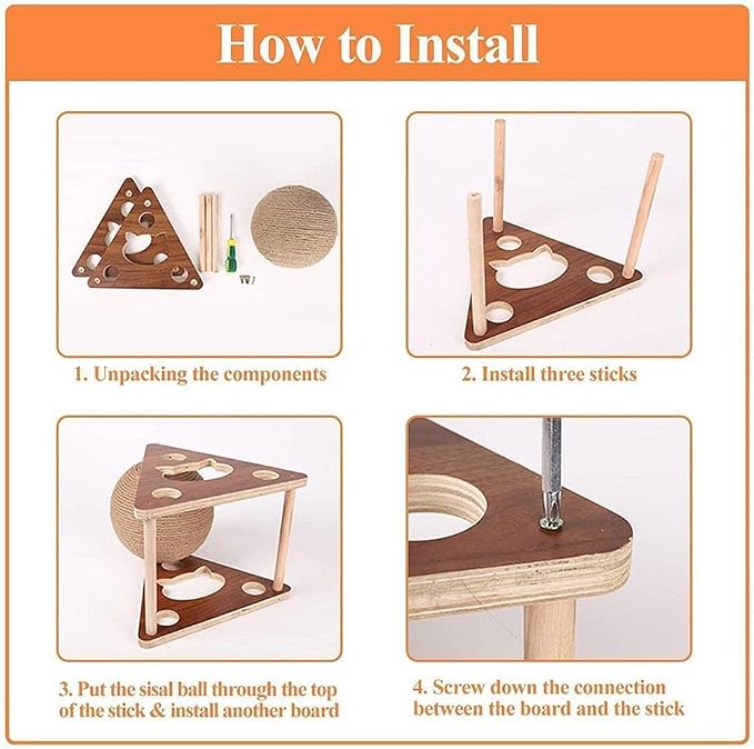 Cat Scratcher Toy,Natural Sisal Rope Cat Scratching Ball Scratcher Toy with Ball for Cats& Kittens&Dogs&Puppy, Interactive Solid Wood Scratcher Pet Toy (Medium)