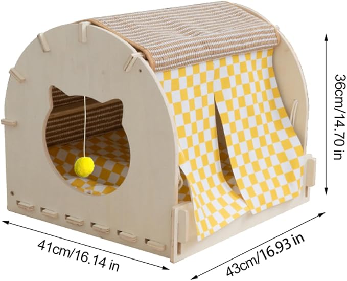 VARMTOR Cat Scratcher House, Cat Cave Wood, Cat Hiding Box Modern Kitten Bed with Scratch Pad and Fluffy Ball, Wooden Frame with Cushion and Curtains (M, Semicircle)