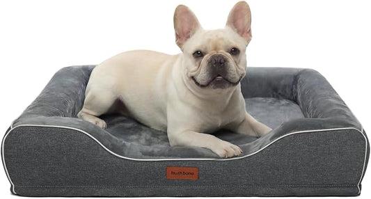 Memory Foam Dog Beds Medium Sized Dog with Removable Bolsters & Washable Cover,Orthopedic Pet Beds Eggshell Foam Infused with Cooling Gel Waterproof Relieves Joint Pain,28"x23"x6.5"Dark Grey