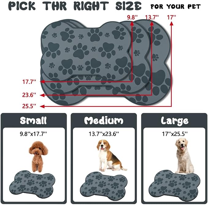 Dog Food Mats for Floors Waterproof, Pet Feeding Absorbent Water Bowl Mat Cat Placemats Gray Bone Shape 19 * 12 inch