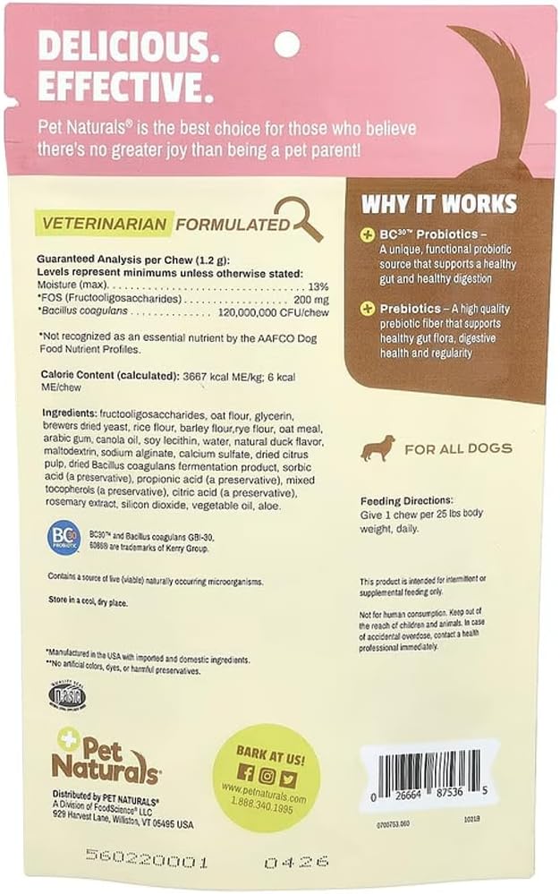 Pet Naturals Daily Probiotic Soft Chews for Dogs, Digestive and Immune Support Supplement, 1 Billion CFU Per Chew, Duck, 60 Count (Pack of 2)