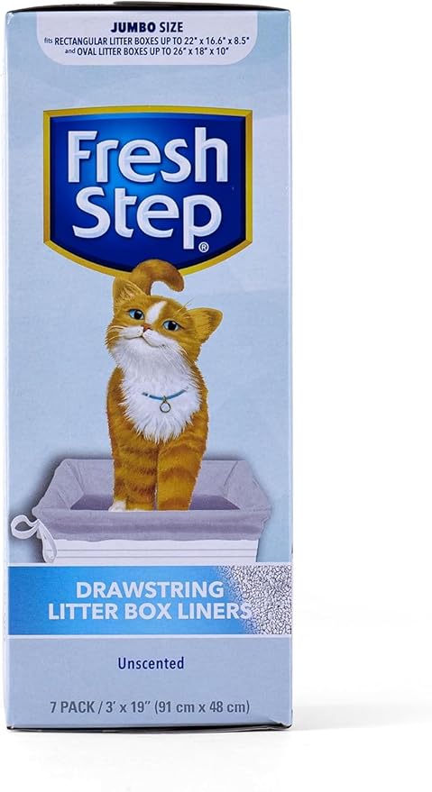 Fresh Step Jumbo Drawstring Cat Litter Box Liners Unscented Heavy Duty Kitty Litter Bags for X-Large Oval or Rectangle Pans Helps Contain Mess Easy Lift Out Cleanup 36 x 19 IN 7 Count 3 Pack