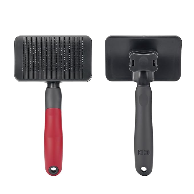 KONG Large Self-Cleaning Slicker Brush – Easy Hair Removal, Reduces Shedding, Non-Slip Grip, Long Metal Pins, for Medium to Large Dogs with Medium to Long Coats, Red/Gray