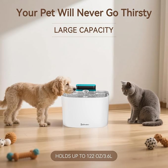 Cat Water Fountain, 122oz/3.6L Pumpless Wireless Cat Fountain, Cordless Water Fountains for Cats Indoor, Battery Operated Dog Pet Water Fountain with Stainless Steel Tray (White, Fountain+2 Fliters)
