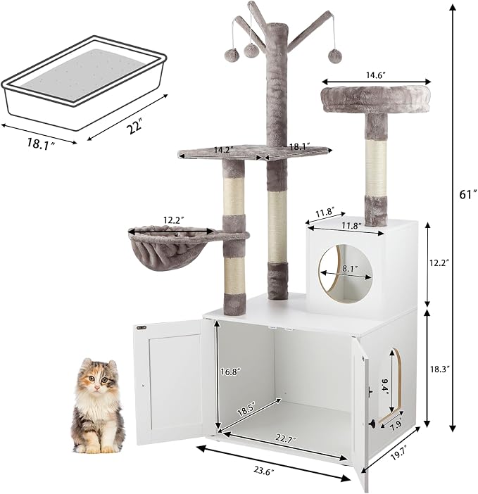 Timberer Litter Box Enclosure with Cat Tree, 2-in-1 Hidden Litter Box Furniture with Scratching Post, Modern Cat Condo, White