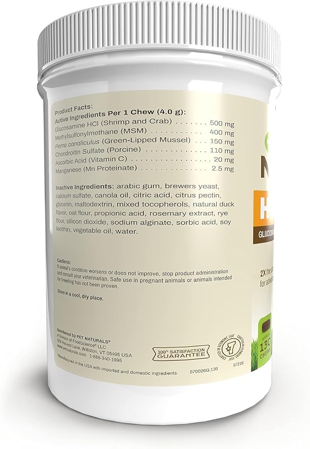 Pet Naturals Hip and Joint Pro Supplement with Glucosamine, Green-Lipped Mussel, and Chondroitin for Dogs, Duck Flavor, 130 Chews