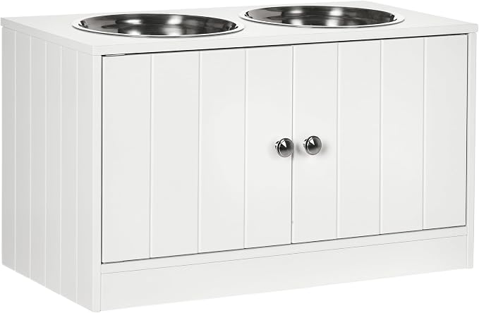 PawHut Large Elevated Dog Bowls with Storage Cabinet Containing Large 44L Capacity, Raised Dog Bowl Stand Pet Food Bowl Pet Feeding Station, White