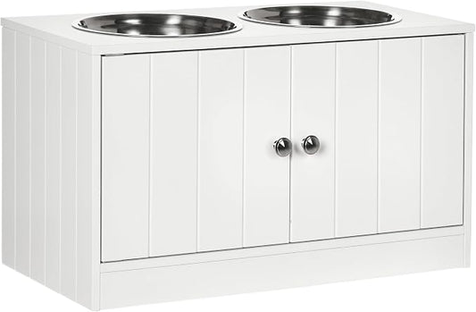 PawHut Large Elevated Dog Bowls with Storage Cabinet Containing Large 44L Capacity, Raised Dog Bowl Stand Pet Food Bowl Pet Feeding Station, White