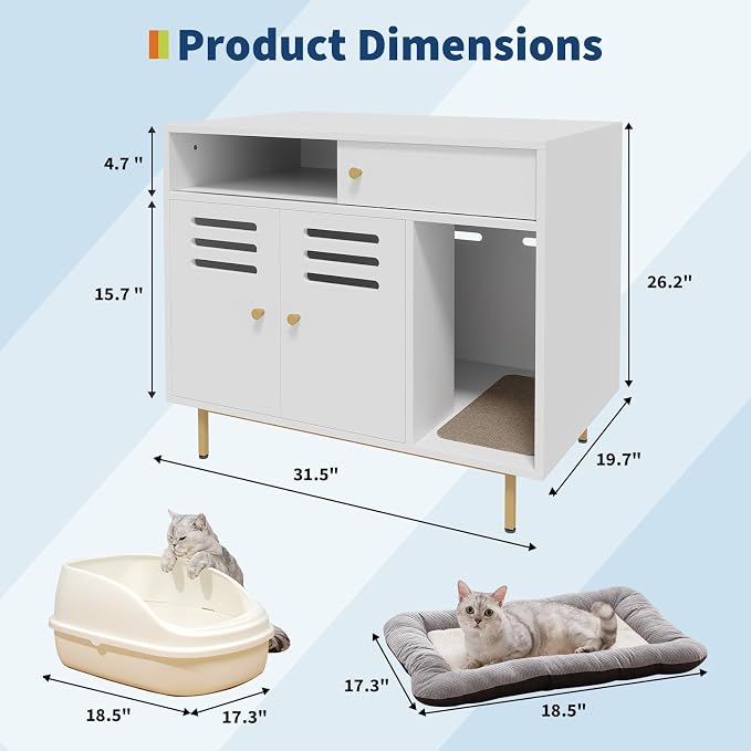 31.5 Inch Modern Cat Litter Box Enclosure Furniture with Vent Door/Side Rest Area/Drawers and Open Shelves, Hidden Litter Box for Cats,for All Kinds of Cats