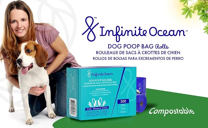 Certified Home Compostable Dog Poop Bag Rolls, 300 Tie-Handle & Gusseted, Leak-Proof, Odor-Proof Bags, Thick Blue Refill Rolls, Unscented