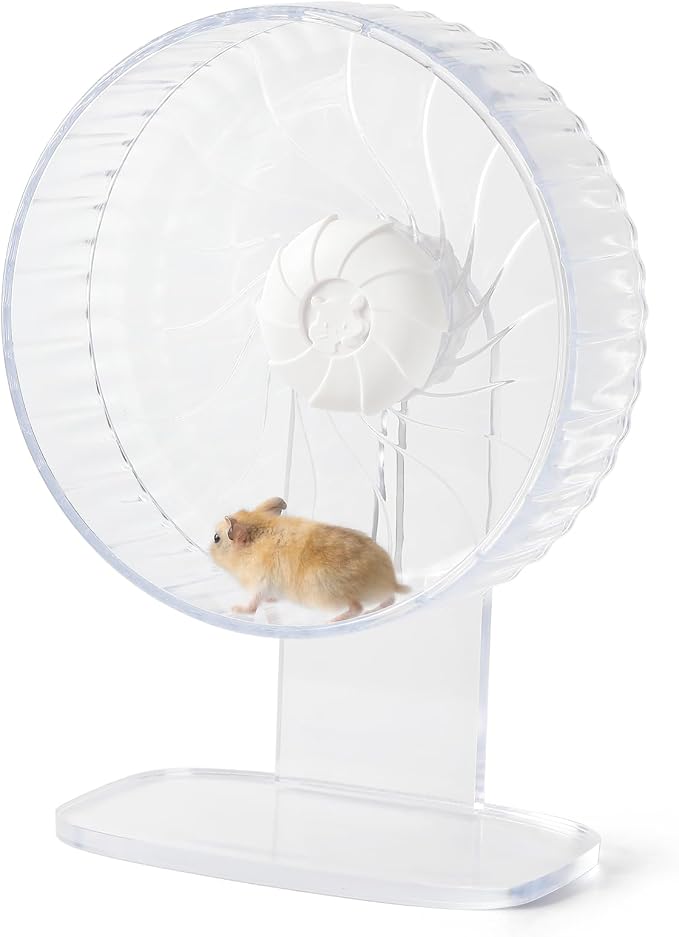 Silent Exercise Wheel with Adjustable Stand for Hamsters, Gerbils, Mice & Small Pets + Free Cleaning Cloth - 8.3" Diameter Running Wheel, Easy Clean, Anti-Slip Track (Transparent)