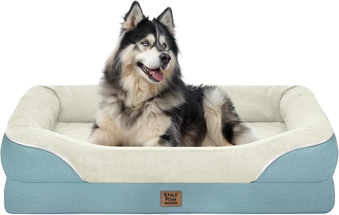 Chez Paw XXL Orthopedic Dog Bed for Extra Large Dogs, Extra Thick Egg-Crate Foam Waterproof Pet Couch with Removable Washable Cover, 4-Sided Bolster & Non-Slip Bottom, Blue 45"x35"x7.5"