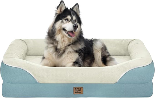 Chez Paw XXL Orthopedic Dog Bed for Extra Large Dogs, Extra Thick Egg-Crate Foam Waterproof Pet Couch with Removable Washable Cover, 4-Sided Bolster & Non-Slip Bottom, Blue 45"x35"x7.5"