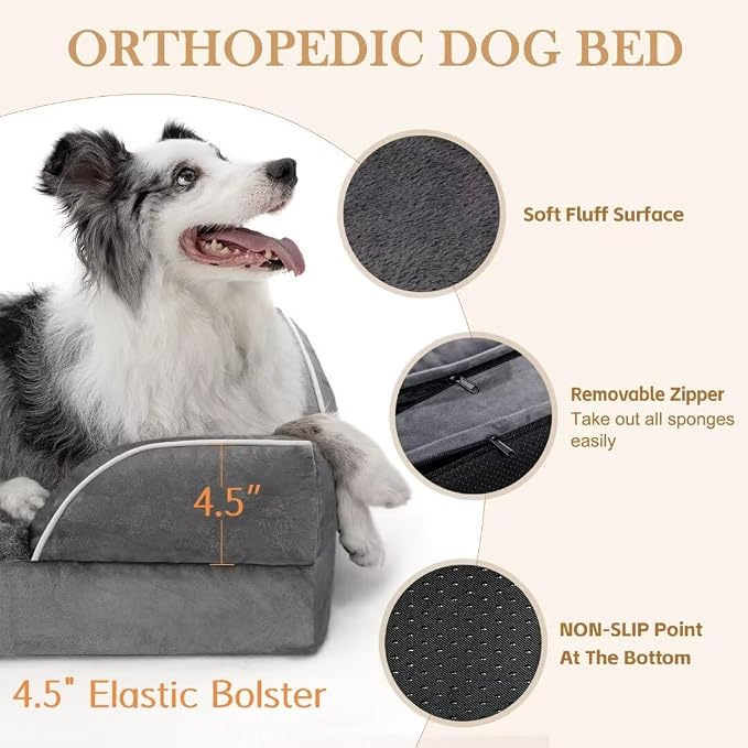 Comfort Expression Orthopedic Dog Bed for Large Dogs 36x27 Inch, Waterproof Supportive Memory Foam Large Pet Bed with Removable Bolsters, Dog Couch with Washable Cover & Non-Slip Bottom, Leaden Grey