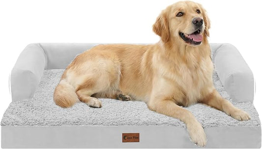Orthopedic Dog Beds for Large Medium Sized Dogs, Waterproof Egg Crate Foam Large Dog Couch Beds with Comfy Bolster 36x27Inch, Washable Pet Beds with Removable Cover, Grey White