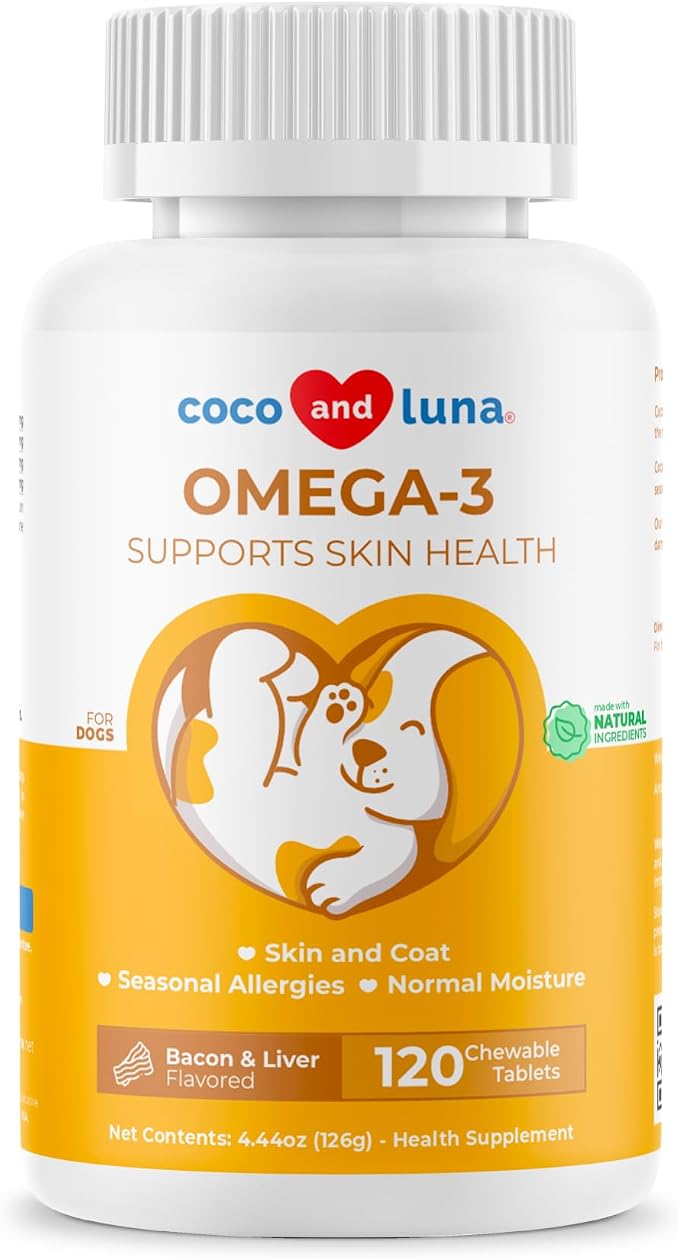 Omega 3 Fish Oil for Dogs 120 Tablets - Skin, Coat & Joint Support | Omega 3, 6 & 9 with Vitamin E. Supports skin & coat health, reduces shedding & dry skin. Promotes joint & heart function.