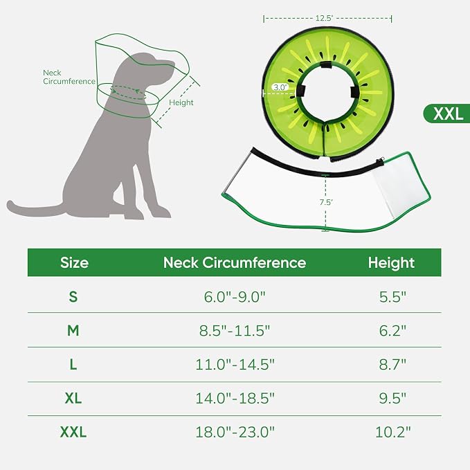 Sponge Dog Cone Collar, Dog Recovery Collar Alternative with Detachable High Clear Shield, Adjustable Soft Neck Cone for Small Medium Large Dogs, Stop Licking After Surgery (Kiwi,XXL)