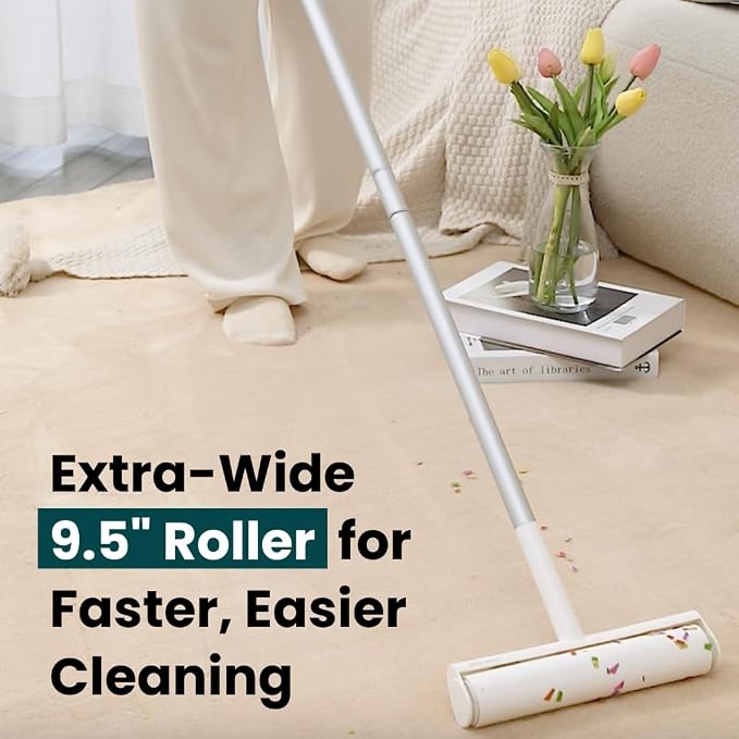 Large Lint Roller with Extra Sticky Roller and 420 Sheets 9.5" Wide, Floor Lint Roller Long Handle, Extendable to 41", Carpet, Couch, Pet Hair, Clothing Cleaning Supplies (Navy Roller + 7 Refills)