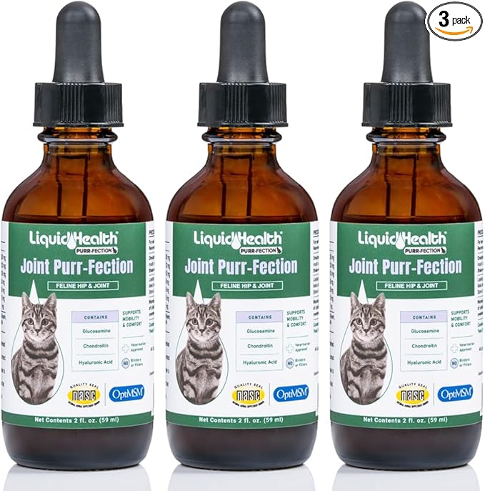 LIQUIDHEALTH Pets Liquid Cat Glucosamine Joint Purr-Fection - Hip & Joint Health Relief Support, Chondroitin Feline Droppers for Senior Older Adult Cats & Kittens - Made in the USA (3 Pack)
