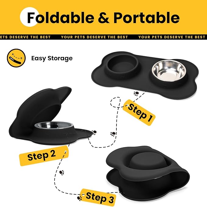 Conlun Dog Bowls with Silicone Feeding Mat, No Spill Food Water Dish Set, Dishwasher Safe, 2 Stainless Steel Puppy Bowls, Suitable for Tiny Dogs Kittens Cats Rabbits Pets under 8lbs, Extra Small,Black