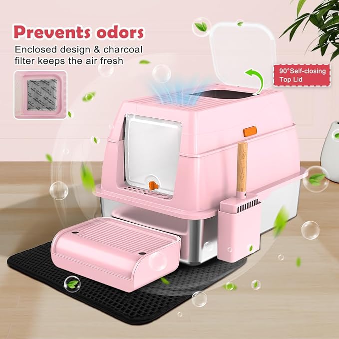 Vivifying Stainless Steel Litter Box with Lid, XL Front Entry Enclosed Extra Large Litter Box for Big Cats & Kitty, Top Exit Metal Cat Pan with Scoop, Mat, Footboard, Charcoal Filter (Pink)